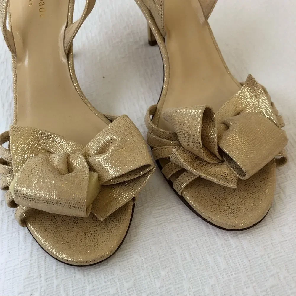 Kate Spade Maribeth Gold Metallic Bow Stiletto Slingback Pumps 7 Wedding Evening